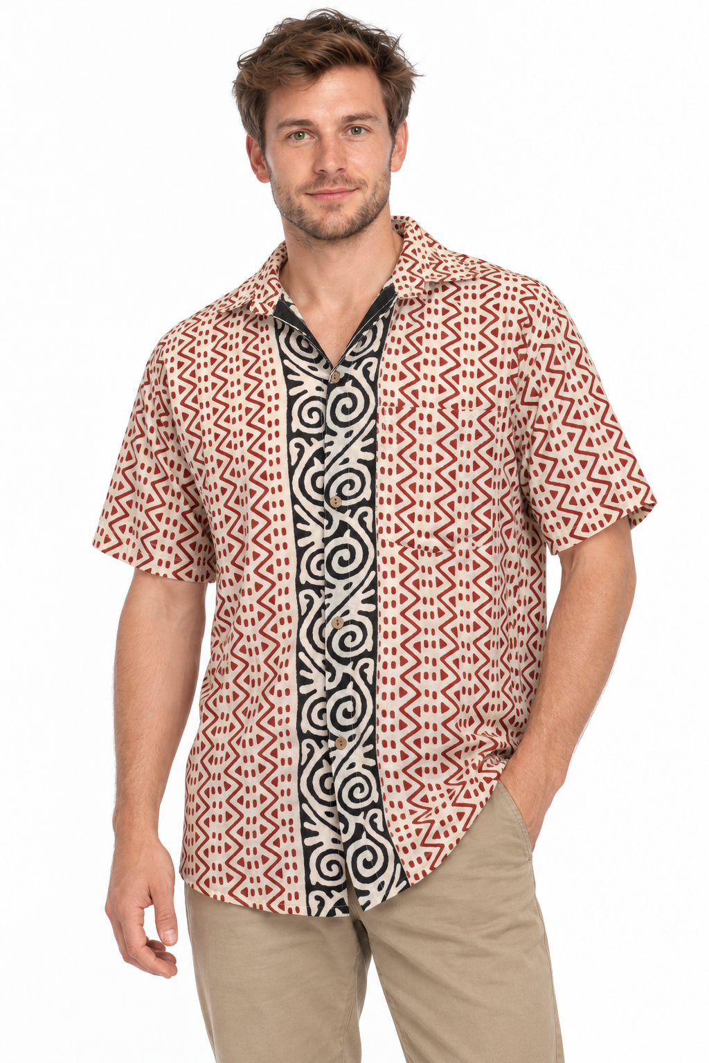Red Tribal Spiral Panel men's Hawaiian shirt — model front